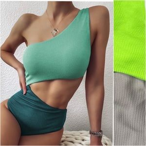 SHEIN TWO TONE CUTOUT RIBBED ONE SHOULDER ONE PIECE Sz XL Sexy High Cutout